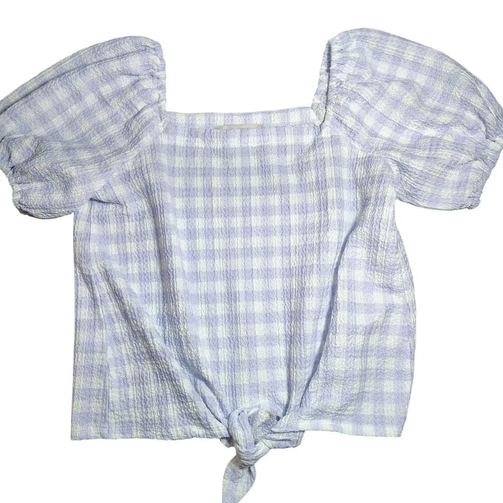 LOFT Women Square Neck Gingham Puff Sleeve Tie Front Top S farmhouse‎